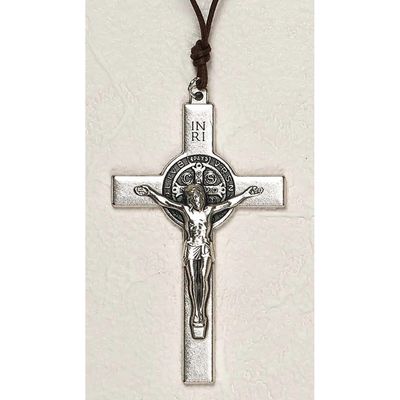 Crucifix St Benedict silver tone w/cord 3.5" x 1.75"