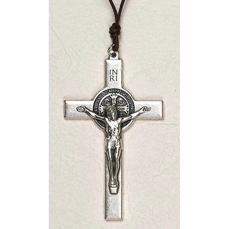 Crucifix St Benedict silver tone w/cord 3.5" x 1.75"