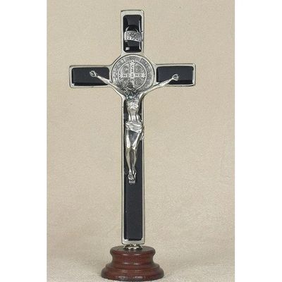 St Benedict Medal Crucifix black enamel on wood base 8"