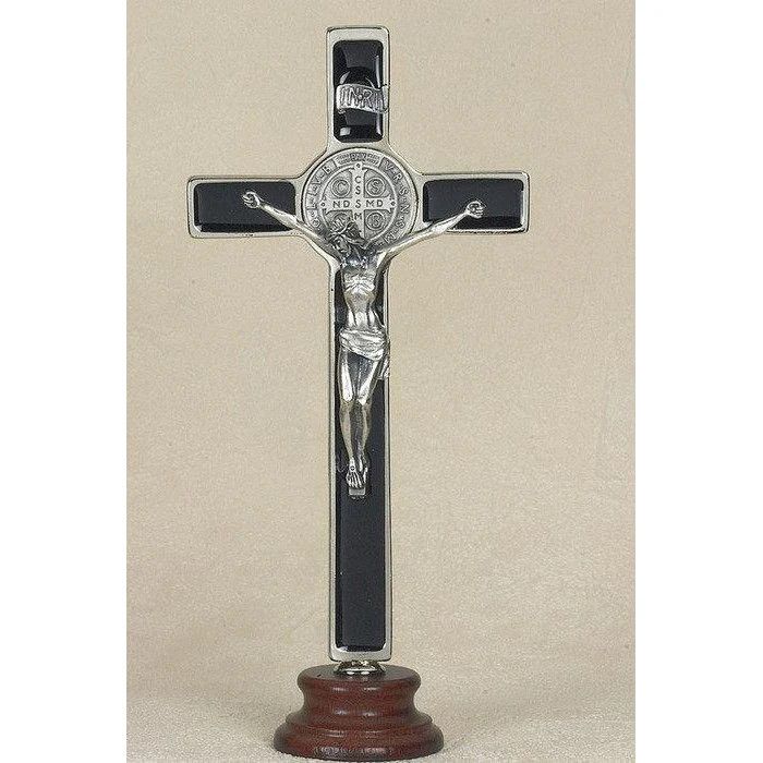 St Benedict Medal Crucifix black enamel on wood base 8"