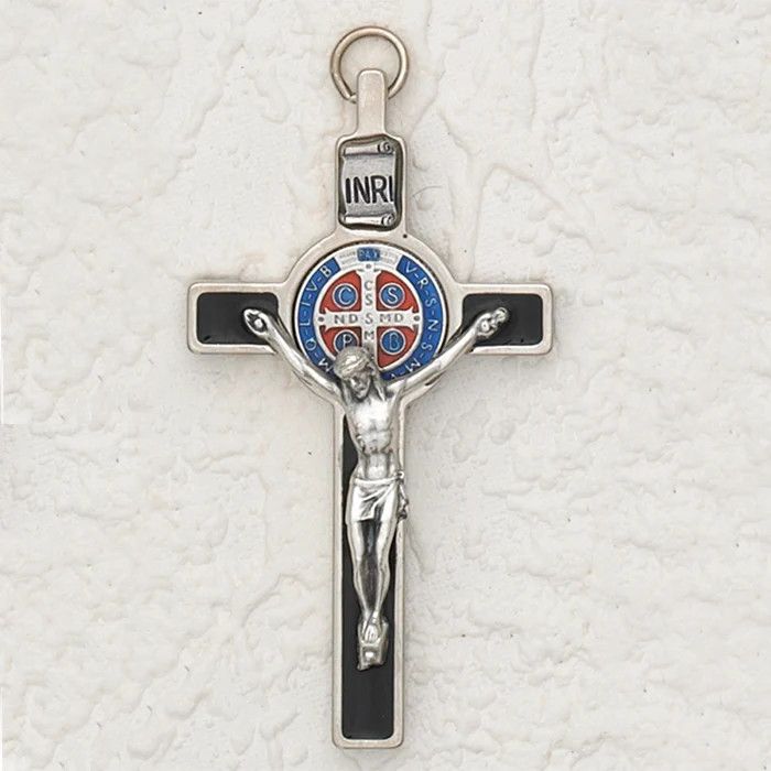 St Benedict Crucifix 3" black enamel cross w/ silver tone Corpus &amp; red &amp; blue enamel medal corded &amp; boxed