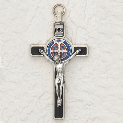 St Benedict Crucifix 3" black enamel cross w/ silver tone Corpus &amp; red &amp; blue enamel medal corded &amp; boxed