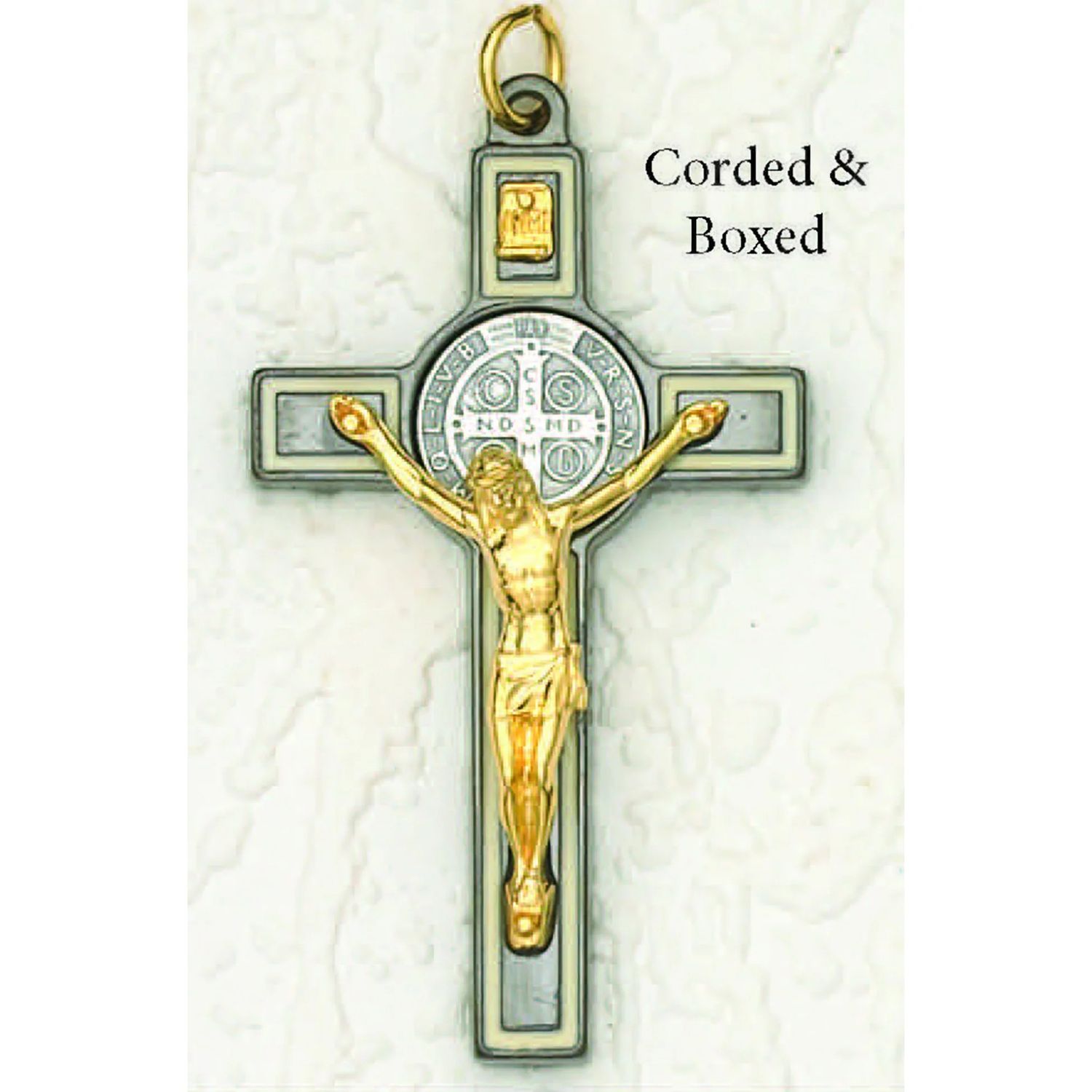 St Benedict Crucifix 3" black tone cross w/ gold tone Corpus &amp; silver tone medal, corded 3" &amp; boxed