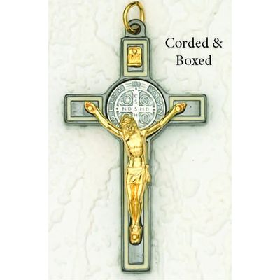 St Benedict Crucifix 3" black tone cross w/ gold tone Corpus &amp; silver tone medal, corded 3" &amp; boxed
