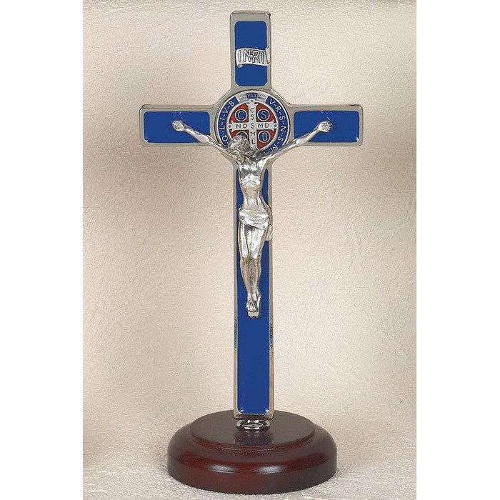 Crucifix St Benedict 8" blue enamel on wood base