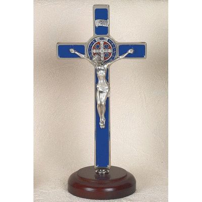 Crucifix St Benedict 8" blue enamel on wood base