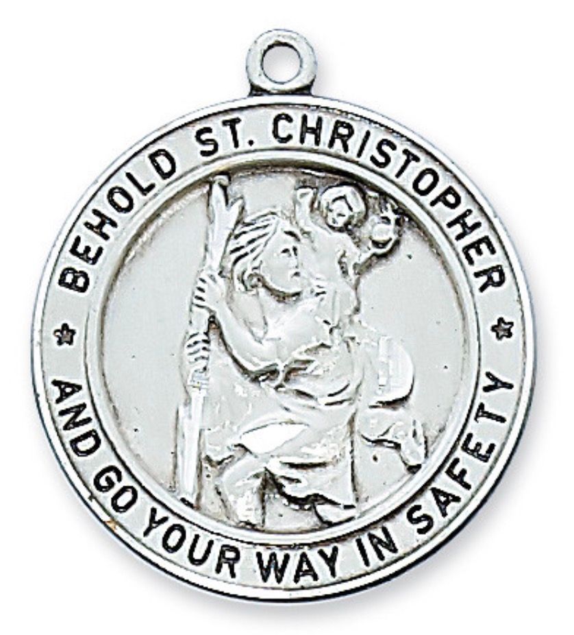 St Christopher Large Round Sterling Silver Medal with 24" chain