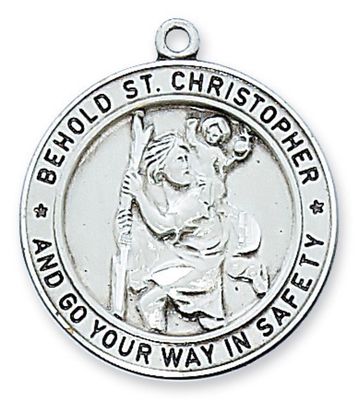 St Christopher Large Round Sterling Silver Medal with 24" chain