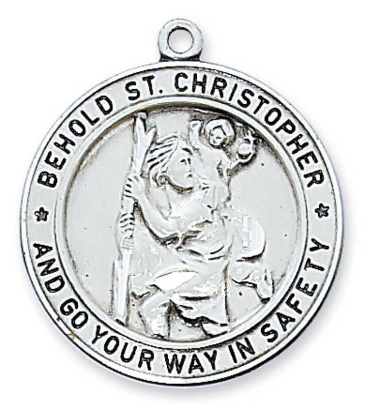 St Christopher Large Round Sterling Silver Medal with 24" chain