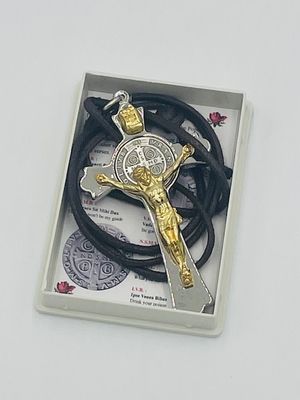 St Benedict Crucifix Silver Tone Cross/Gold Tone Corpus 3" (w/cord) St Benedict Crucifix Silver Tone Cross/Gold Tone Corpus 3" (w/cord)