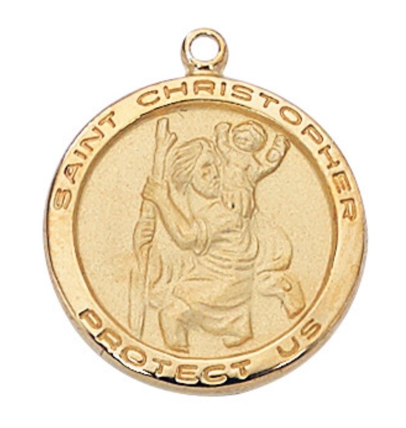Necklace 18K Gold/Sterling Silver 3/4" St. Christopher with 18" chain, red velveteen box