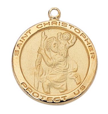 Necklace 18K Gold/Sterling Silver 3/4" St. Christopher with 18" chain, red velveteen box