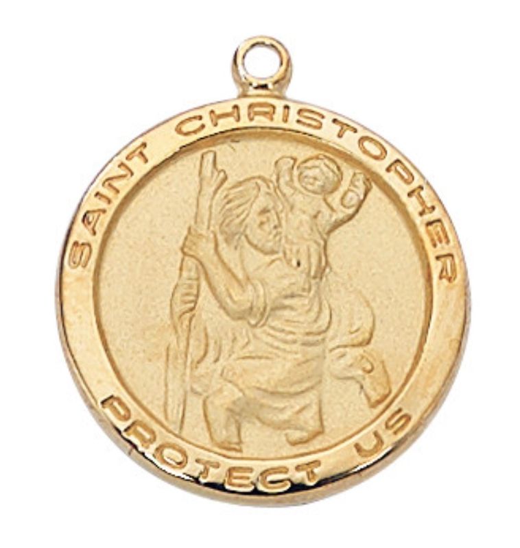 Necklace 18K Gold/Sterling Silver 3/4" St. Christopher with 18" chain, red velveteen box