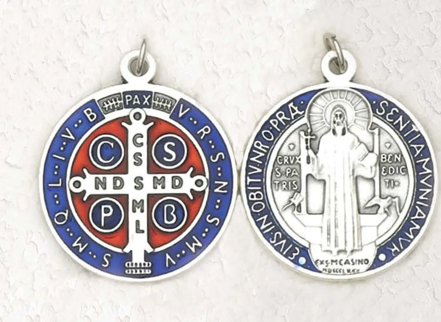 St Benedict medal silver + enamel blue/red 3/4"