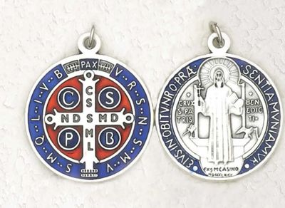 St Benedict medal silver + enamel blue/red 3/4"
