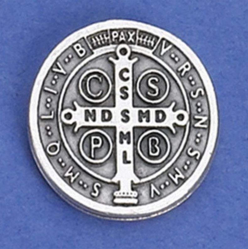 Lapel Pin St Benedict medal silver tone 3/4"