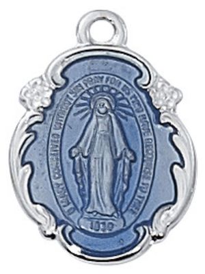 Sterling Silver Miraculous Medal with Blue Epoxy center and 18” adjustable chain