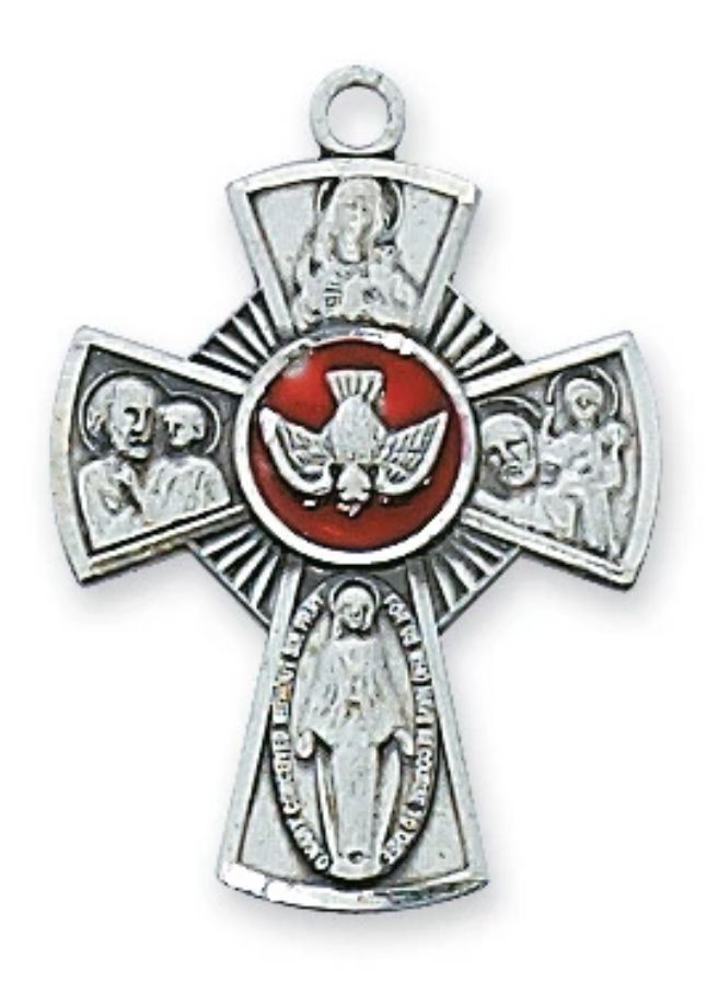 Necklace Sterling Silver  red enamel 4-way cross w/18" chain, red velveteen box