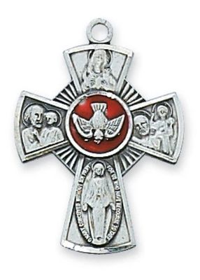 Necklace Sterling Silver  red enamel 4-way cross w/18" chain, red velveteen box