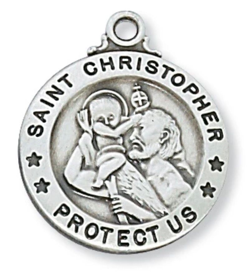 St Christopher 3/4” Round Sterling Silver Medal on 20" chain