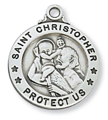 St Christopher 3/4” Round Sterling Silver Medal on 20" chain