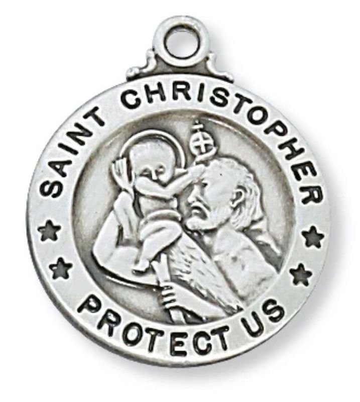St Christopher 3/4” Round Sterling Silver Medal on 20" chain