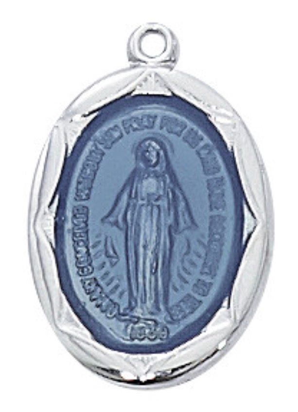 Sterling Silver Miraculous Medal with Blue Epoxy and 18" chain
