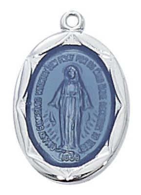 Sterling Silver Miraculous Medal with Blue Epoxy and 18" chain