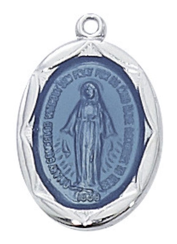 Sterling Silver Miraculous Medal with Blue Epoxy and 18" chain