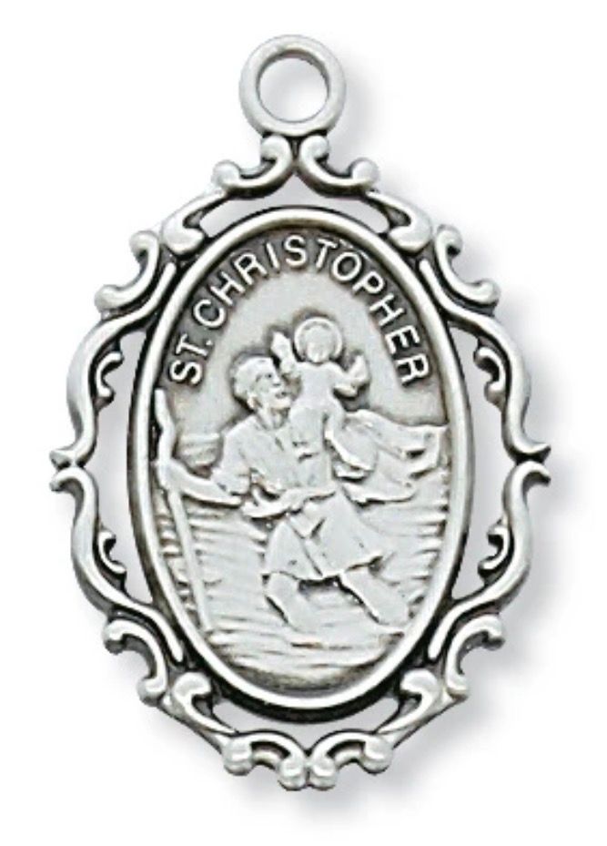 St Christopher Ornate Sterling Silver Medal with 18" chain