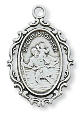 St Christopher Ornate Sterling Silver Medal with 18" chain