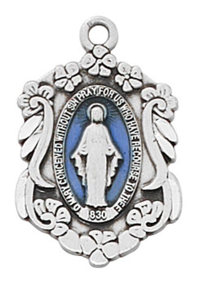 Sterling Silver Miraculous Medal  w/ Blue Epoxy Center and 18" chain