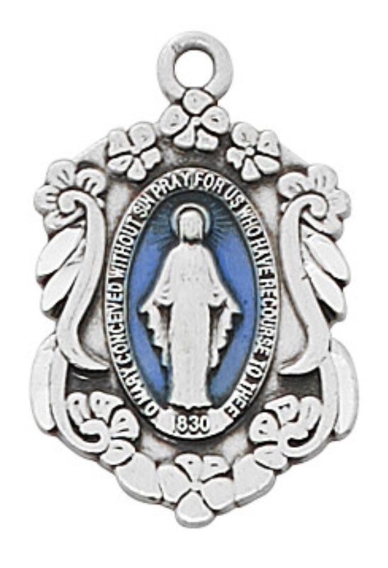 Sterling Silver Miraculous Medal  w/ Blue Epoxy Center and 18" chain