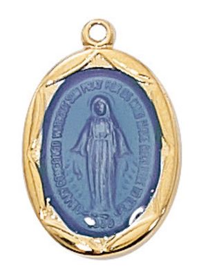 Gold over Sterling Silver Miraculous Medal with Blue Epoxy Center and 18" chain