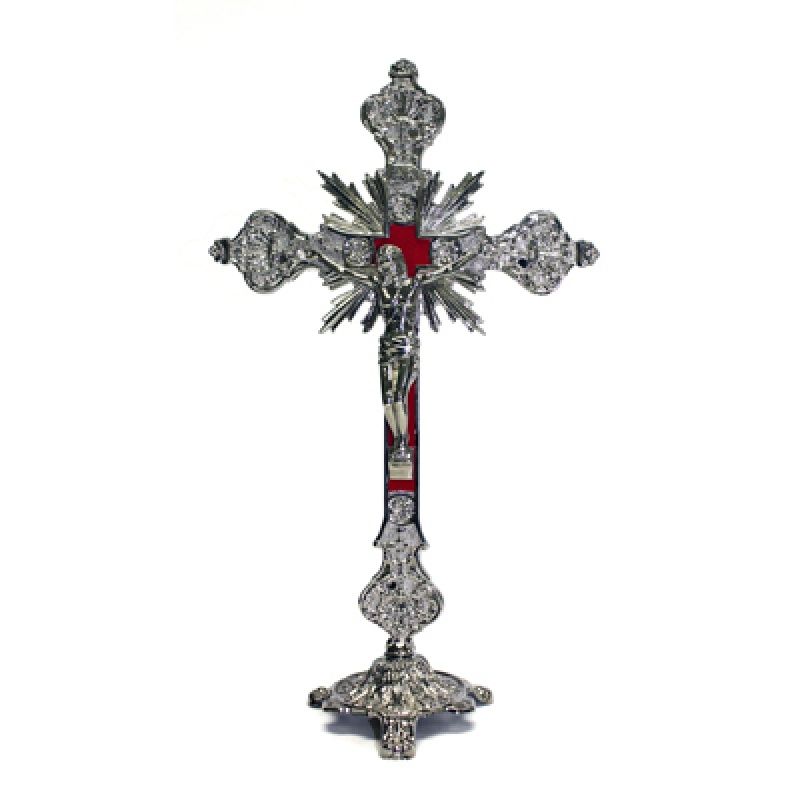 Crucifix standing: silver/red inlay w/base (2 pcs) 12"