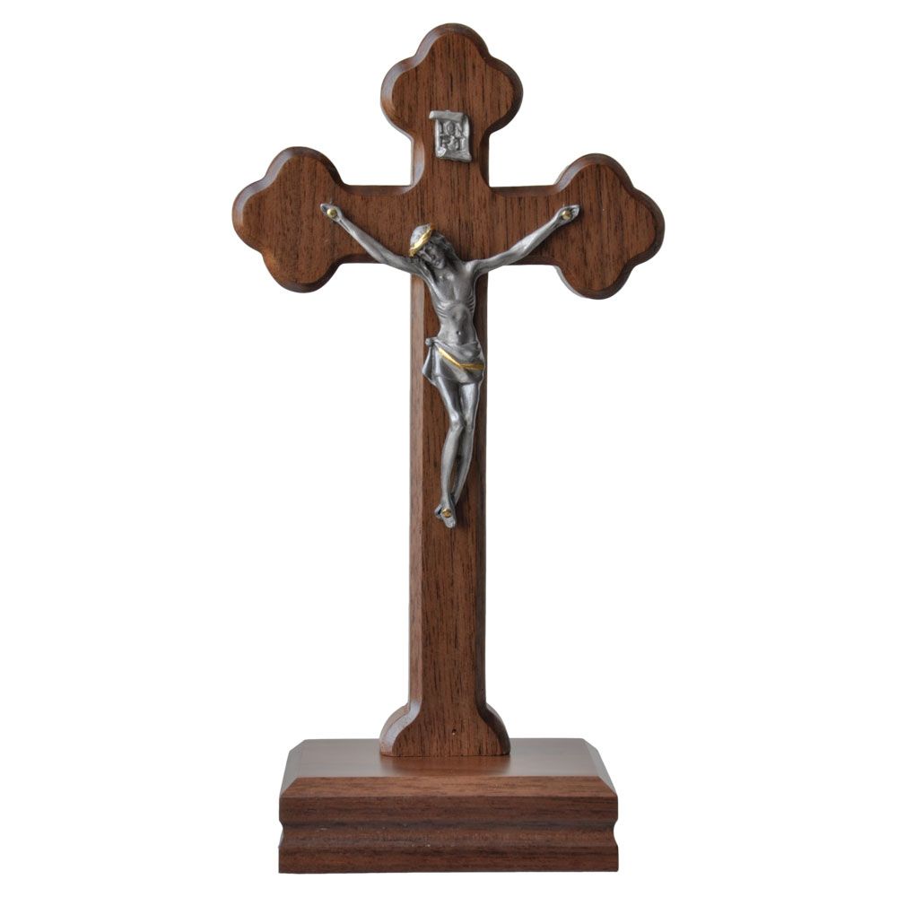 Standing Crucifix Walnut + Pewter 9"