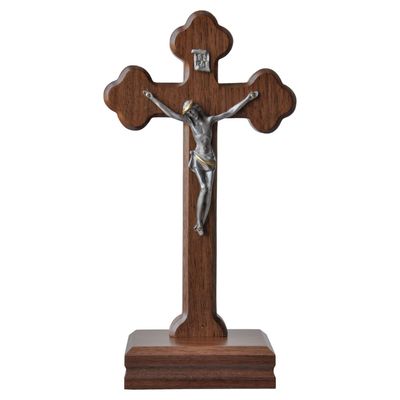 Standing Crucifix Walnut + Pewter 9"