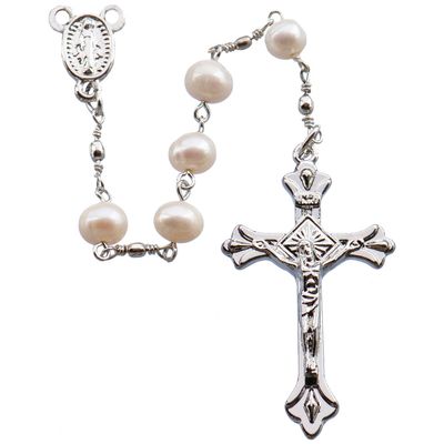 Pearl Rosary + Pewter Crucifix Round Bead 6mm