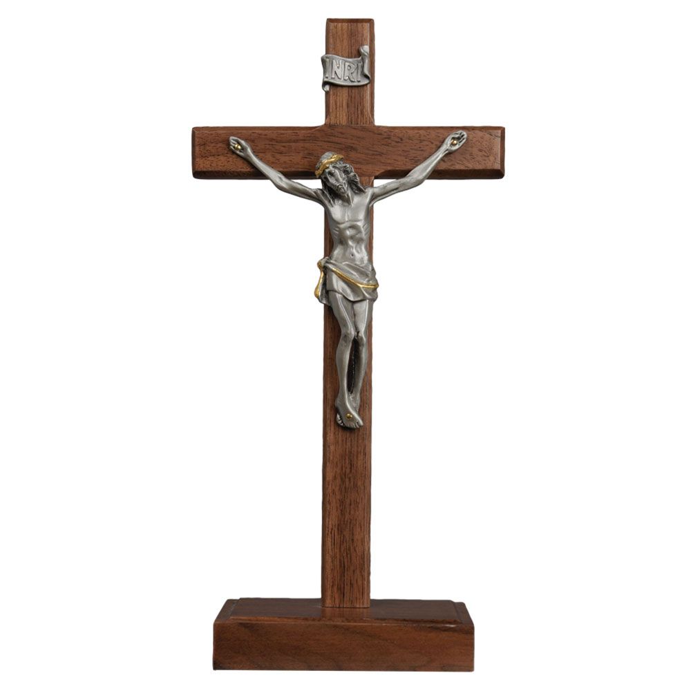 Standing Crucifix Walnut + Pewter Corpus 10"