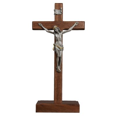 Standing Crucifix Walnut + Pewter Corpus 10"