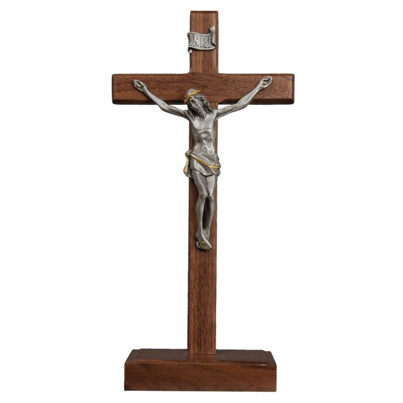 Standing Crucifix Walnut + Pewter Corpus 10"