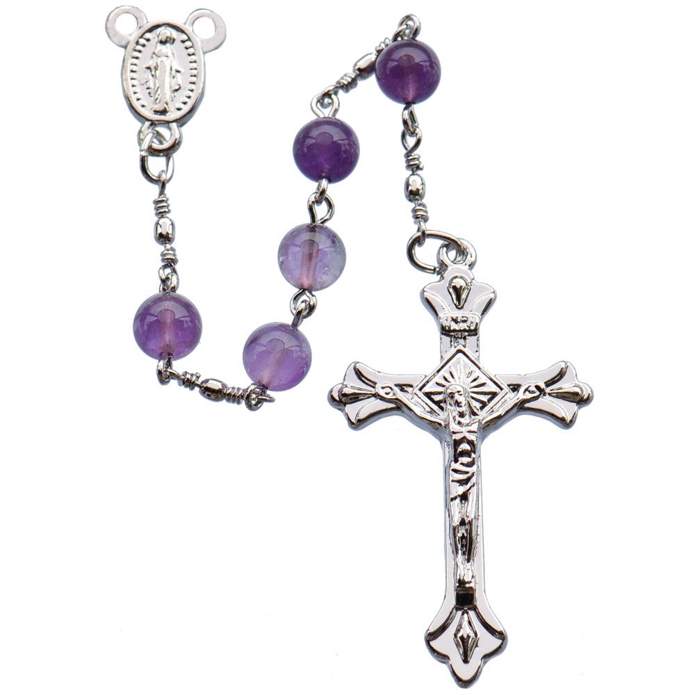 Rosary Amethyst Round Bead 6mm + Pewter Crucifix in gift box