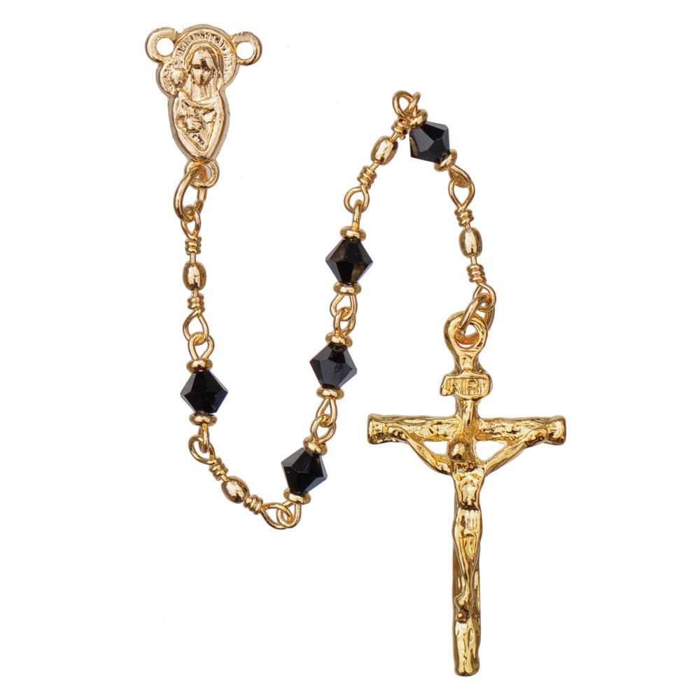 Rosary black crystal 4mm + gold plated pewter crucifix