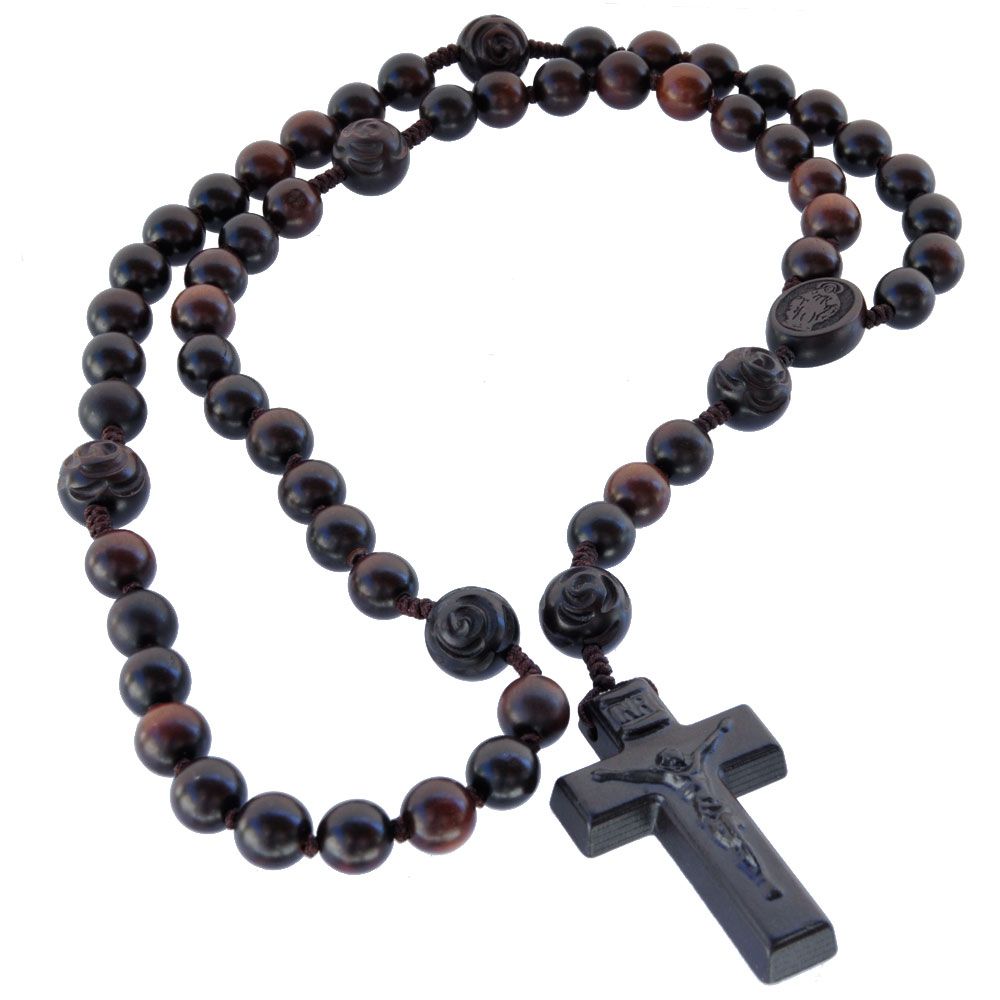 Carved Jujube Wood Rosary with rose Pater beads 10/13mm