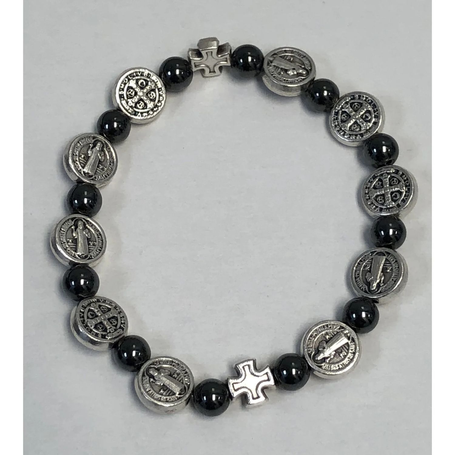 Bracelet: St Benedict medal 7mm hematite stretch