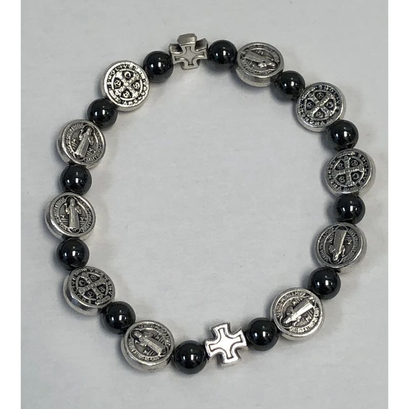 Bracelet: St Benedict medal 7mm hematite stretch