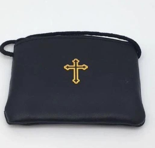 Burse with cord: black leather w/gold cross medium 4 x 3 1/4""
