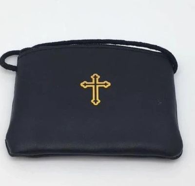 Burse with cord: black leather w/gold cross medium 4 x 3 1/4""