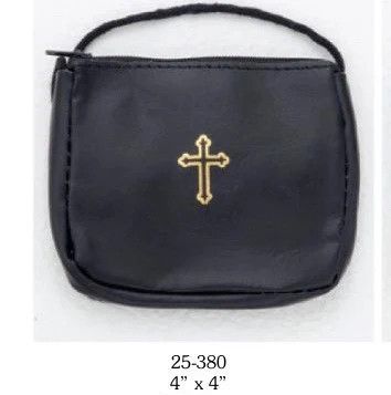Burse with cord: black leather w/gold cross large 4x4"