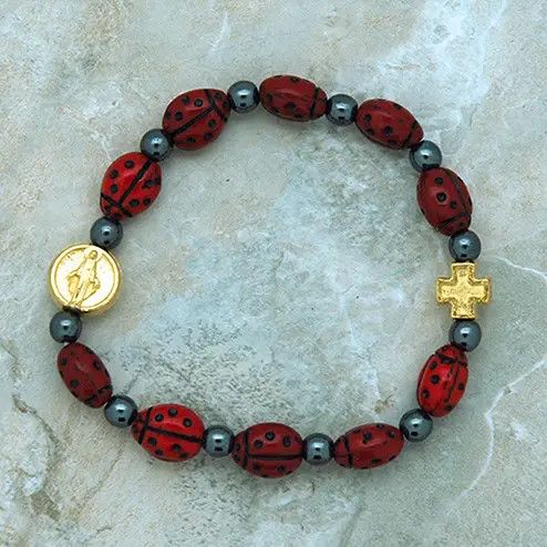 Child's Ladybug Bracelet w/ Miraculous Medal, Cross, &amp; hematite beads, includes story card
